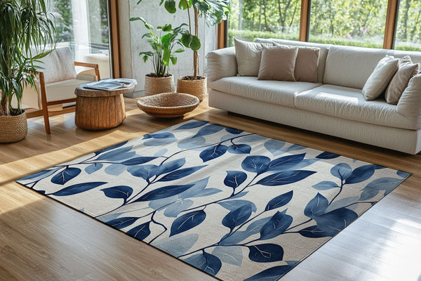 Elegant Blue Leaf Area Rug - Modern Home Decor for Cozy Living Spaces