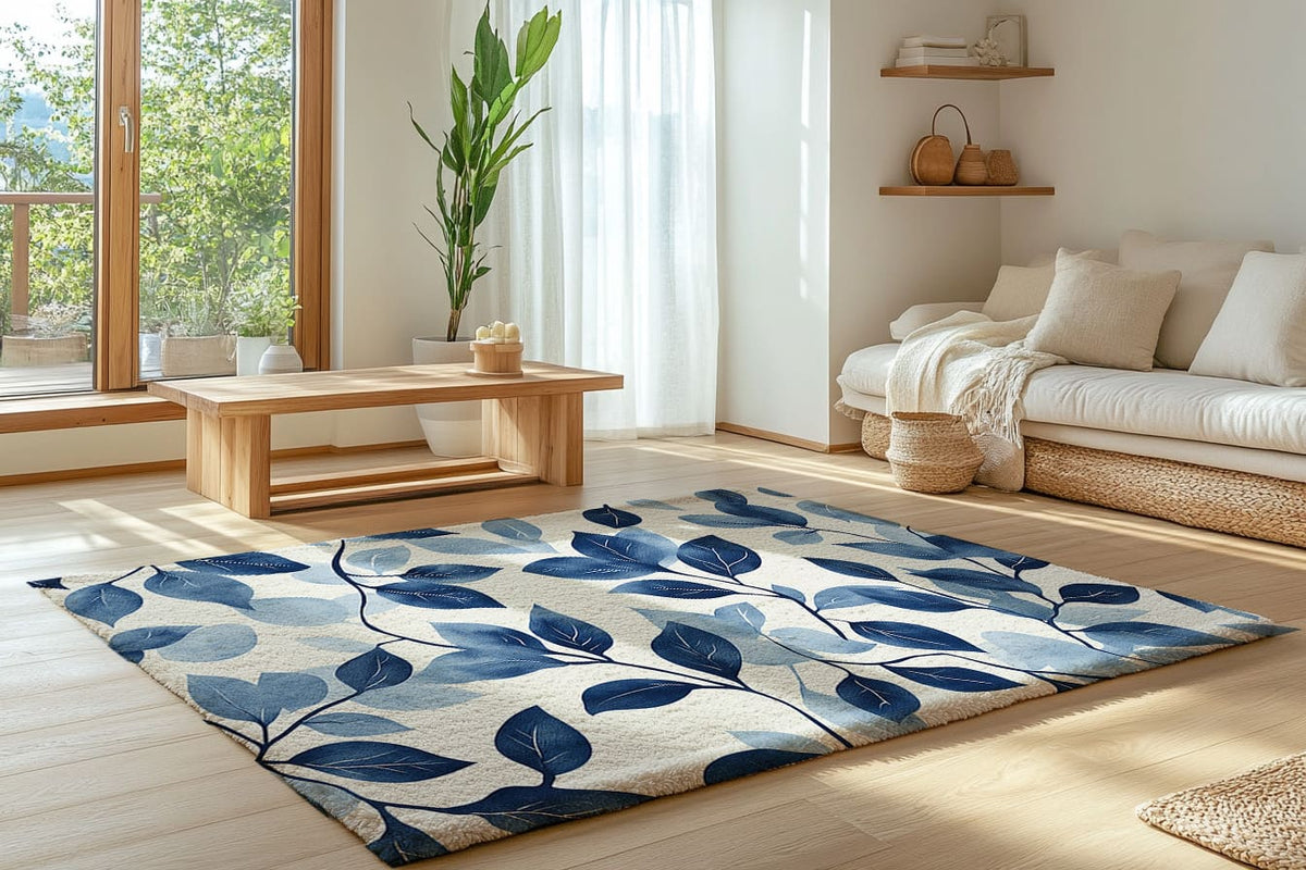 Elegant Blue Leaf Area Rug - Modern Home Decor for Cozy Living Spaces