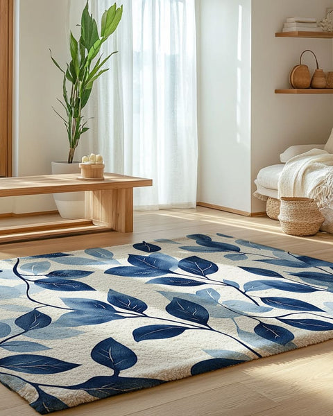 Serenity Blue Leaf Rug - Nature-Inspired Modern Elegance