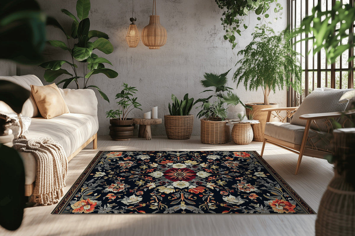 Moonlit Midnight Bloom Rug - Nocturnal Nature-Inspired Elegance