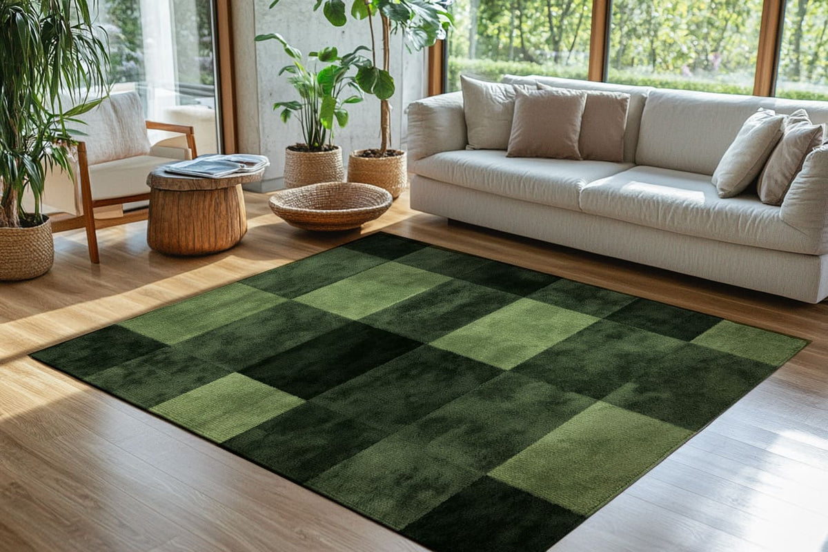 Verdant Grid Rug - Nature-Inspired Modern Geometry