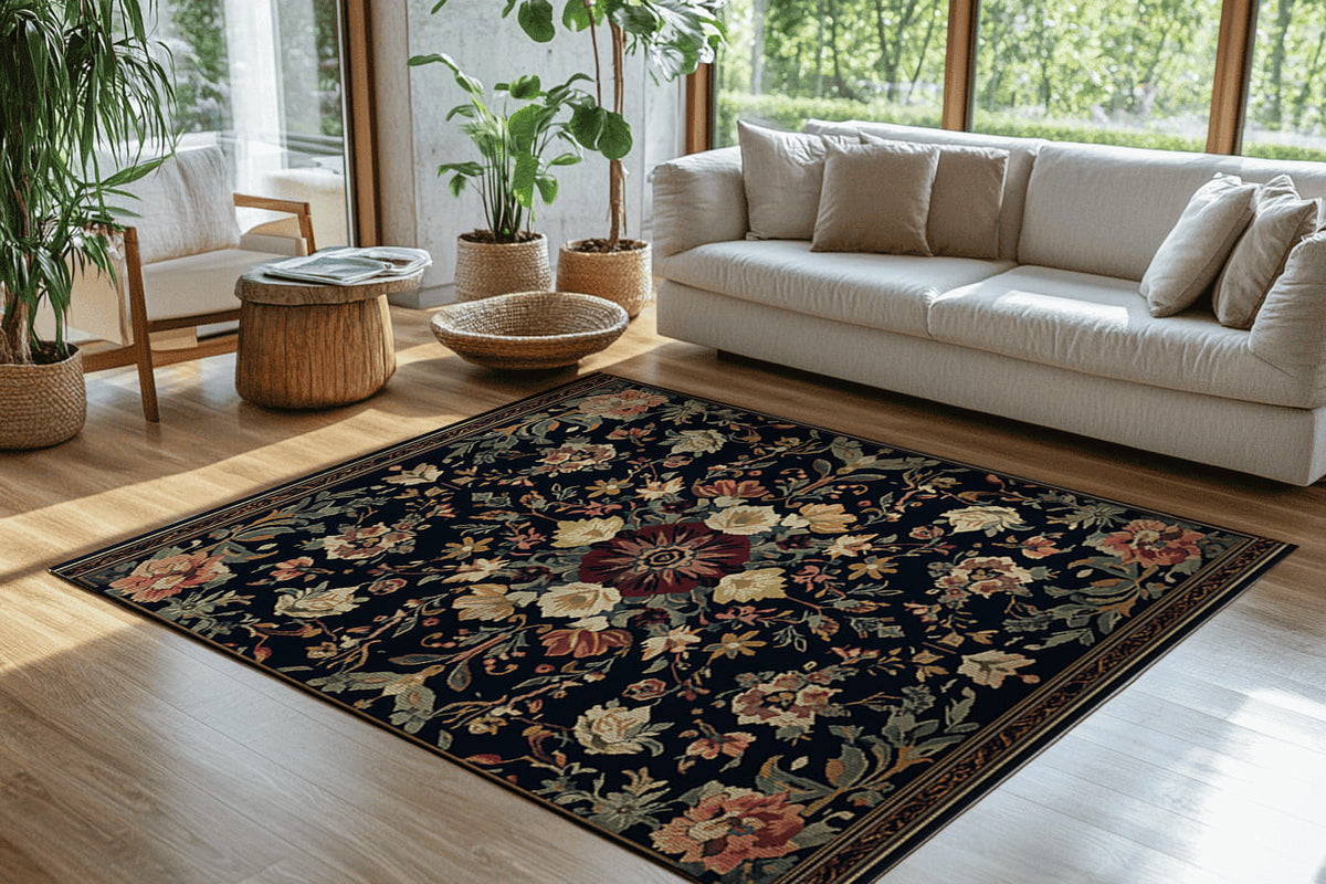 Midnight Bloom Rug - Nature-Inspired Nocturnal Elegance